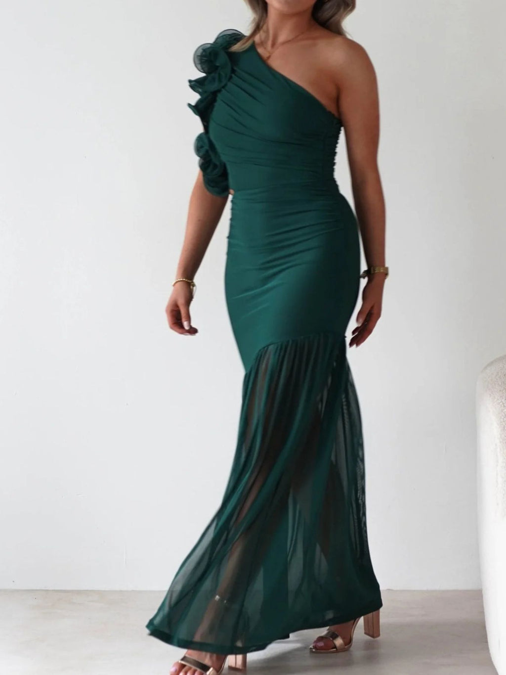 One - Shoulder Ruffle Trim Maxi Dress - TrendNest