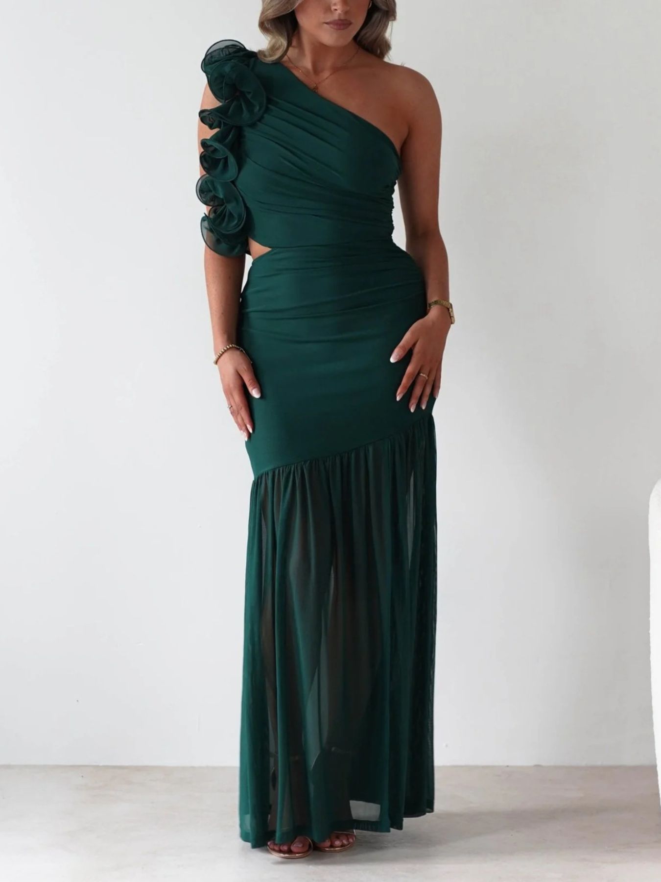 One - Shoulder Ruffle Trim Maxi Dress - TrendNest