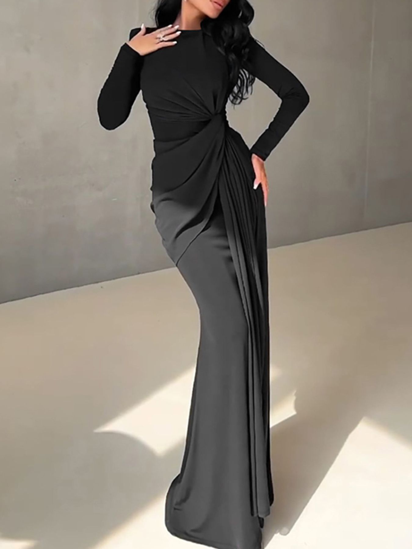 Ruched Knot Front Long Sleeve Maxi Dress - TrendNest