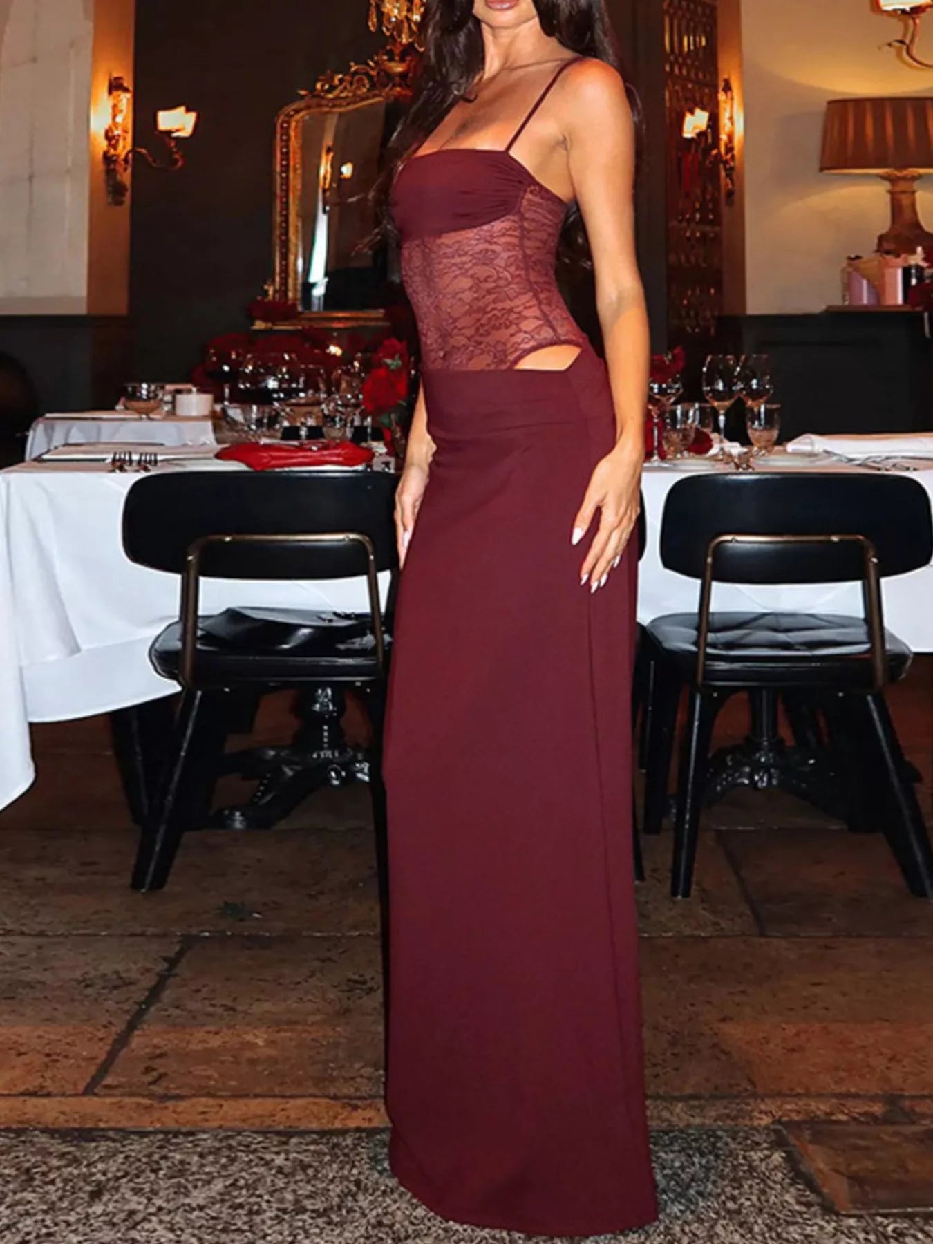 Lace Panel Bodycon Maxi Dress - TrendNest