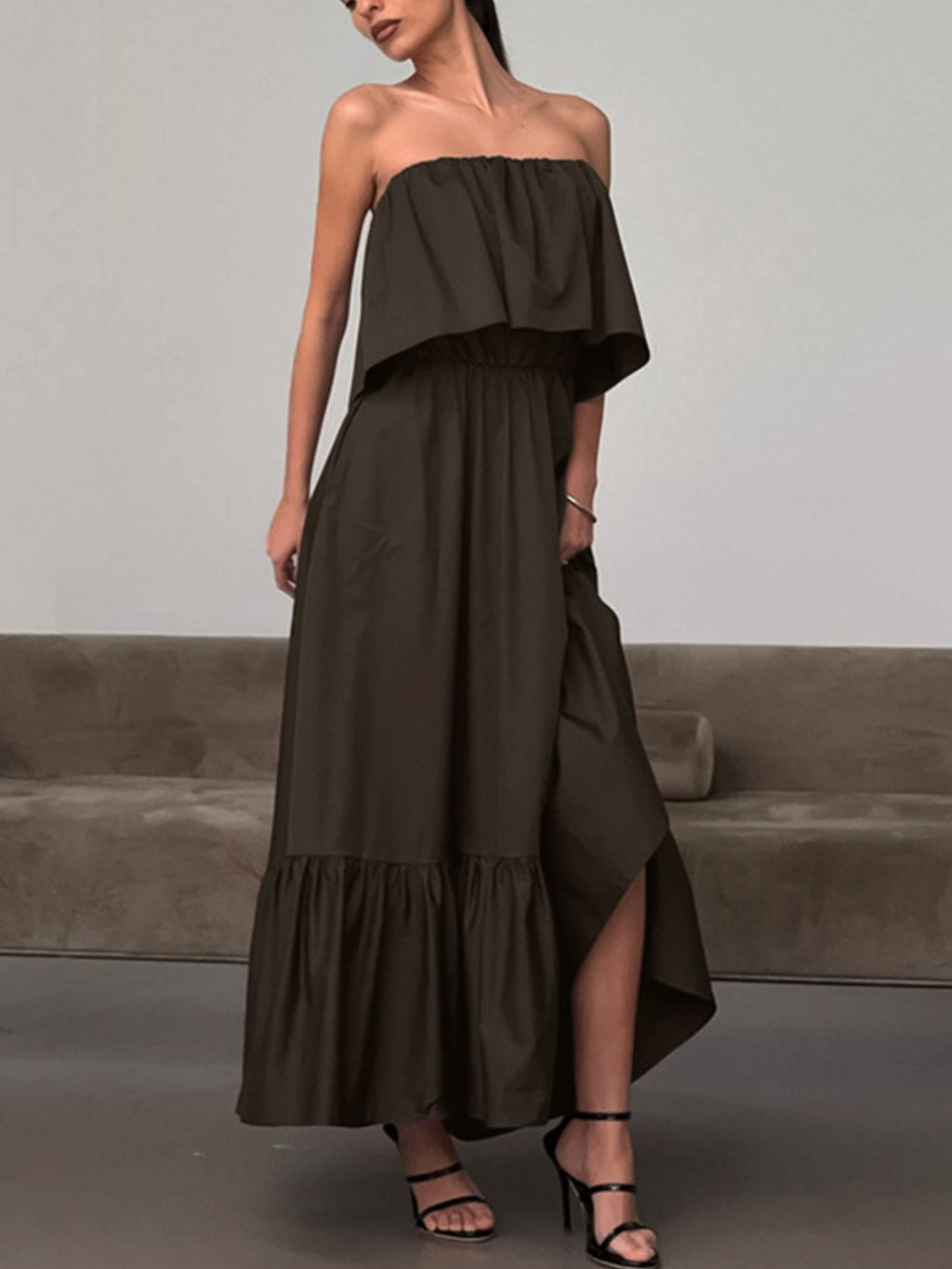 Off - Shoulder Ruffle Hem Maxi Dress - TrendNest