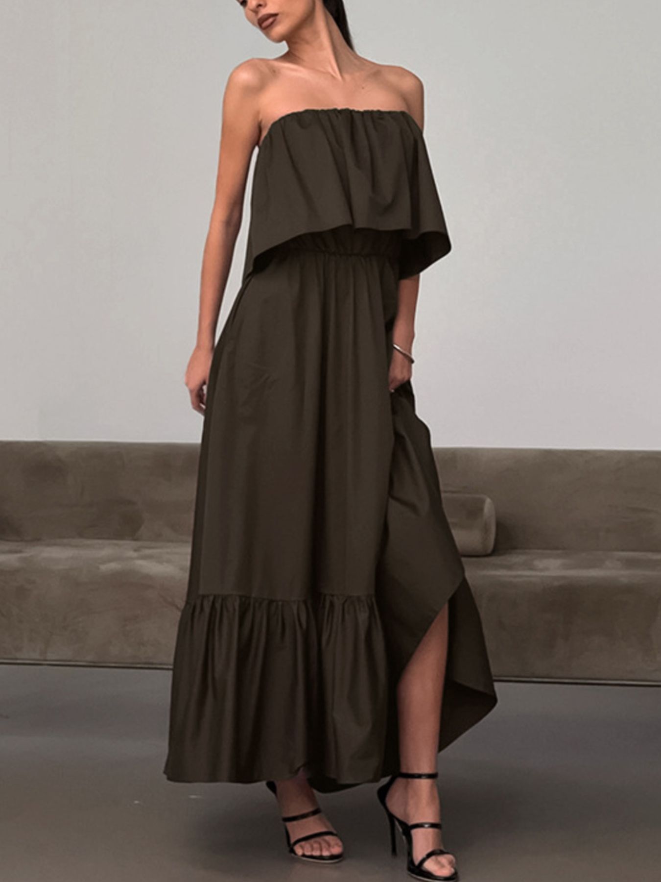 Off - Shoulder Ruffle Hem Maxi Dress - TrendNest