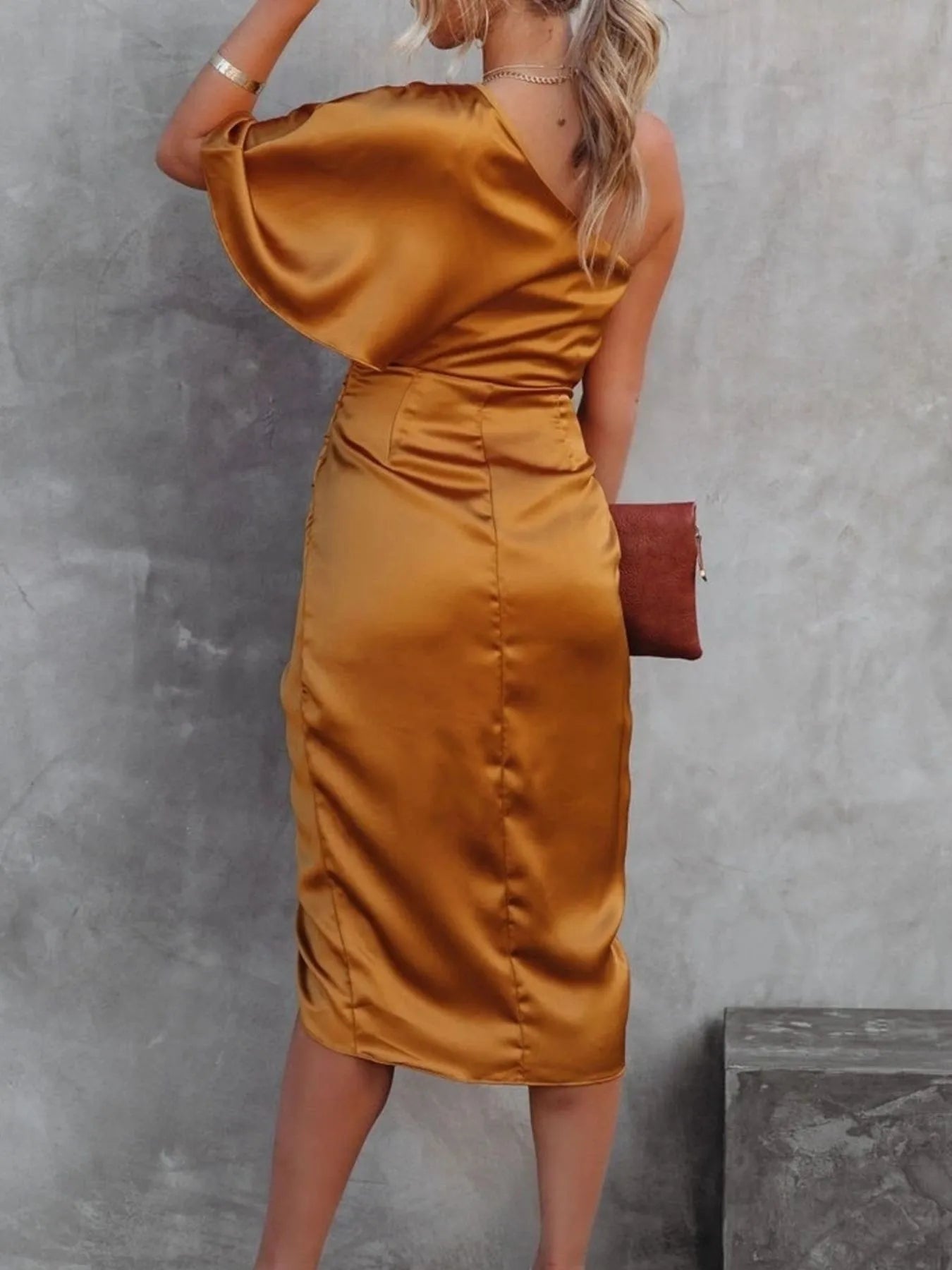 One - Shoulder Satin Wrap Dress with Side Slit - TrendNest