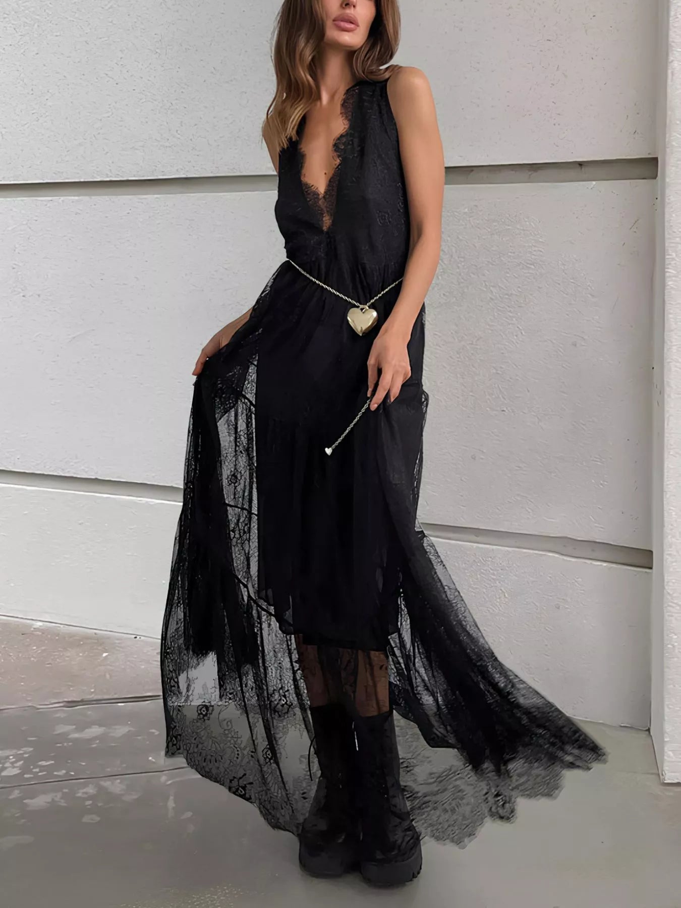 Lace Deep V - Neck Maxi Dress - TrendNest
