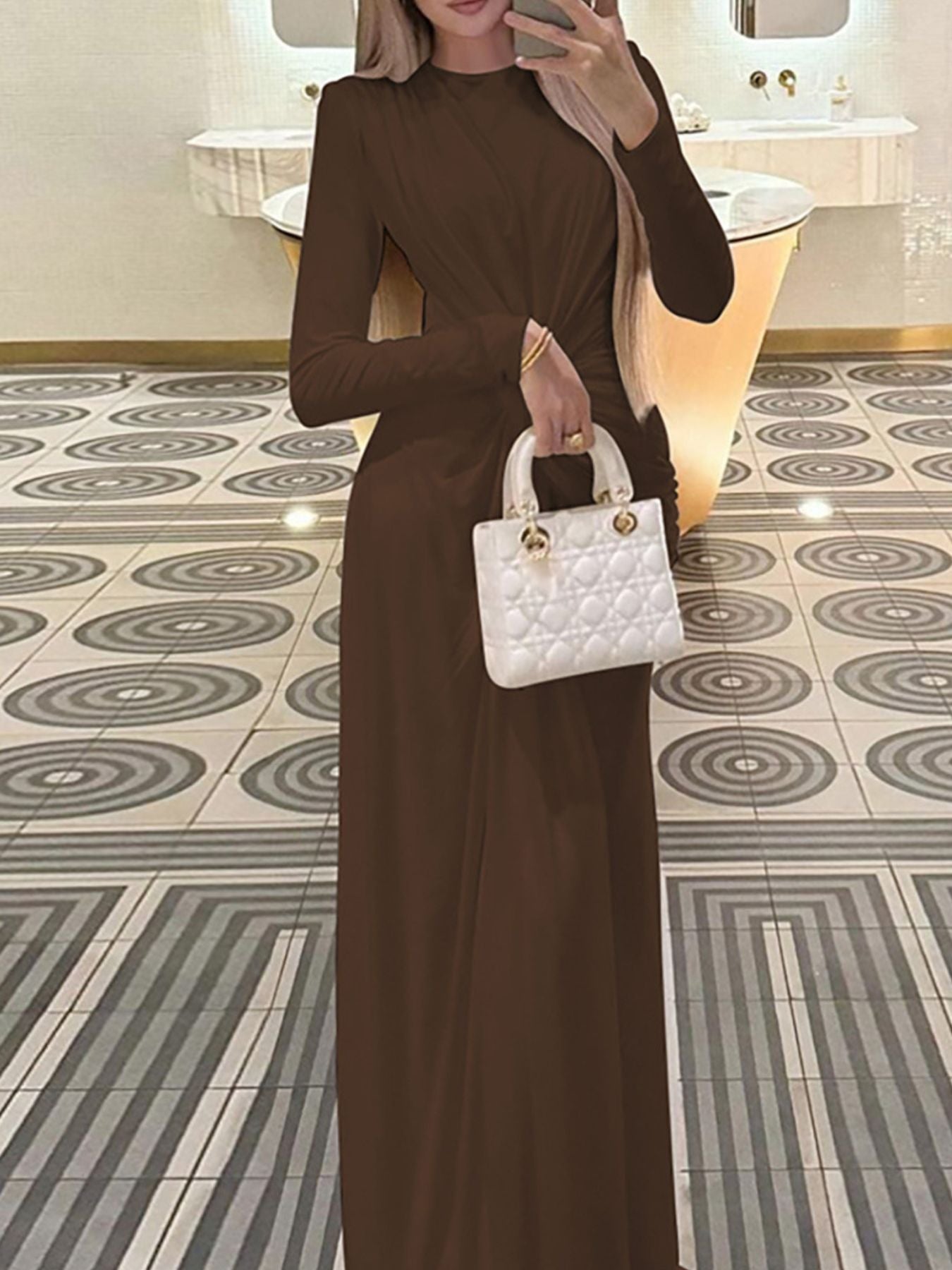 Ruched Knot Front Long Sleeve Maxi Dress - TrendNest