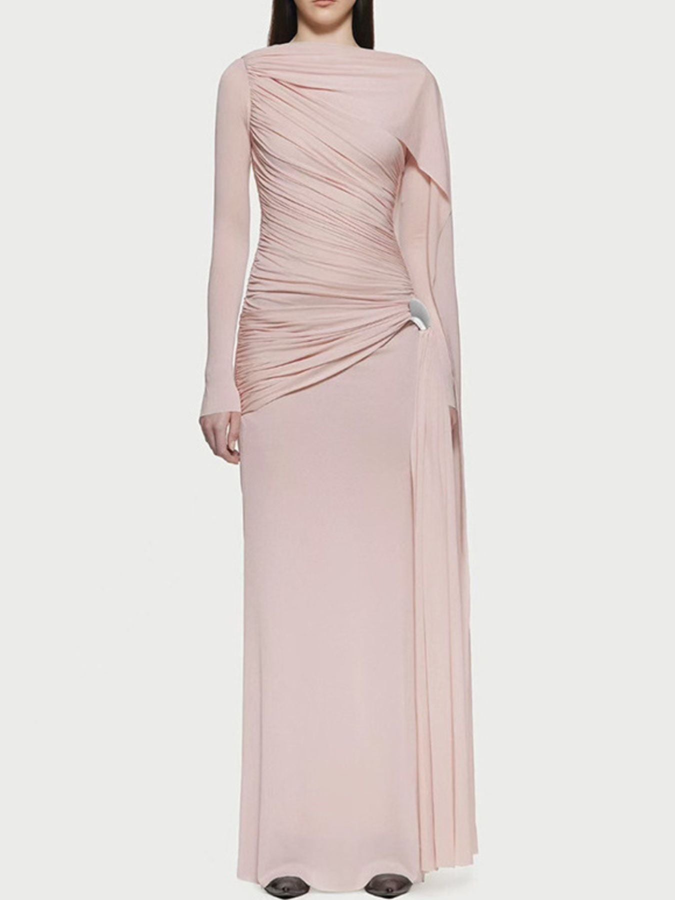 Ruched Draped Long Sleeve Maxi Dress - TrendNest