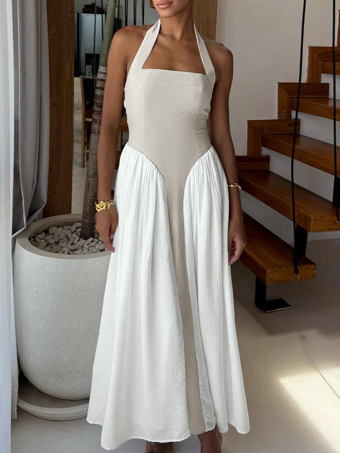 Halter Neck Two - Tone Maxi Dress - TrendNest