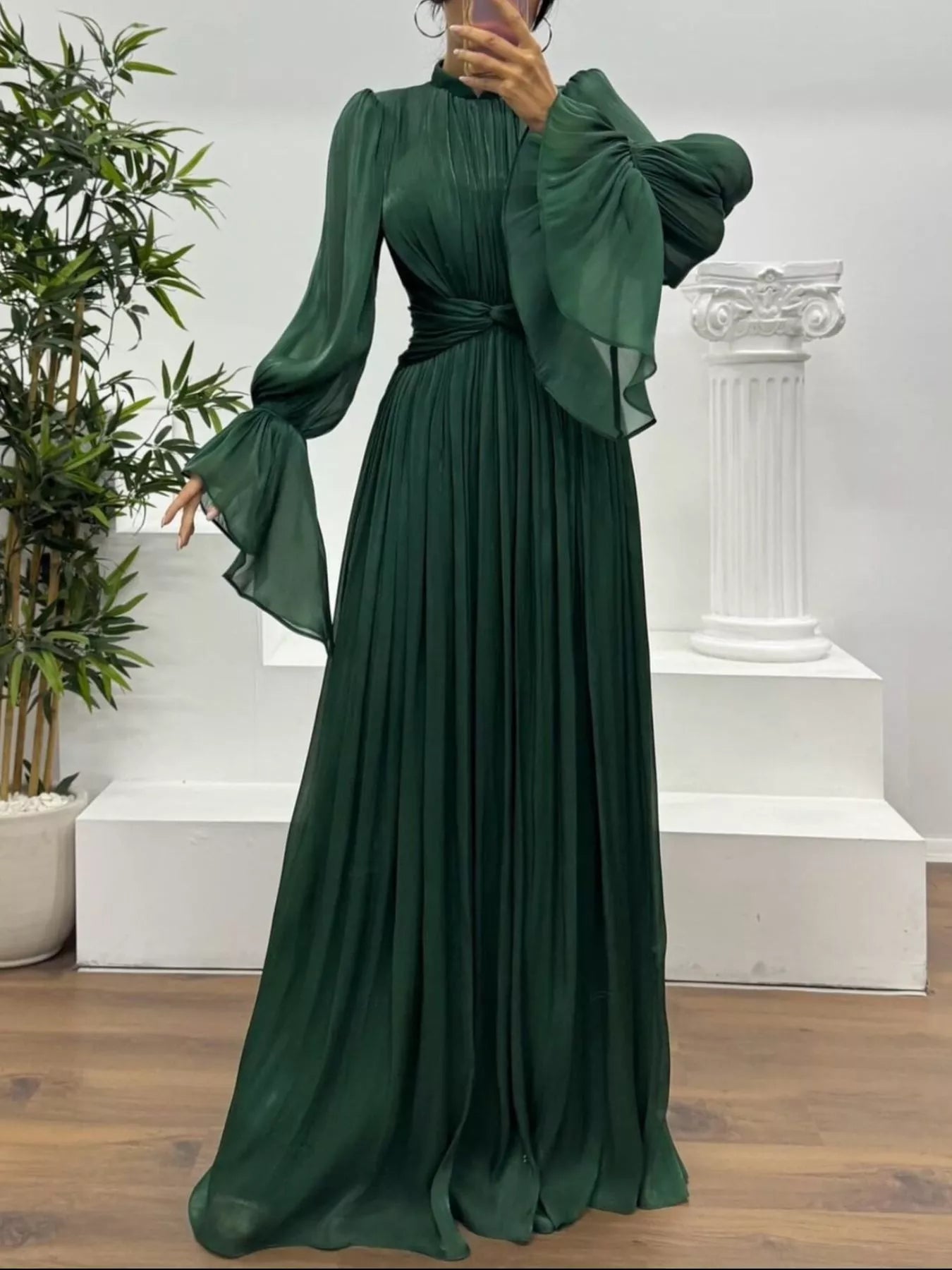 Pleated Mock Neck Long Sleeve Maxi Dress - TrendNest