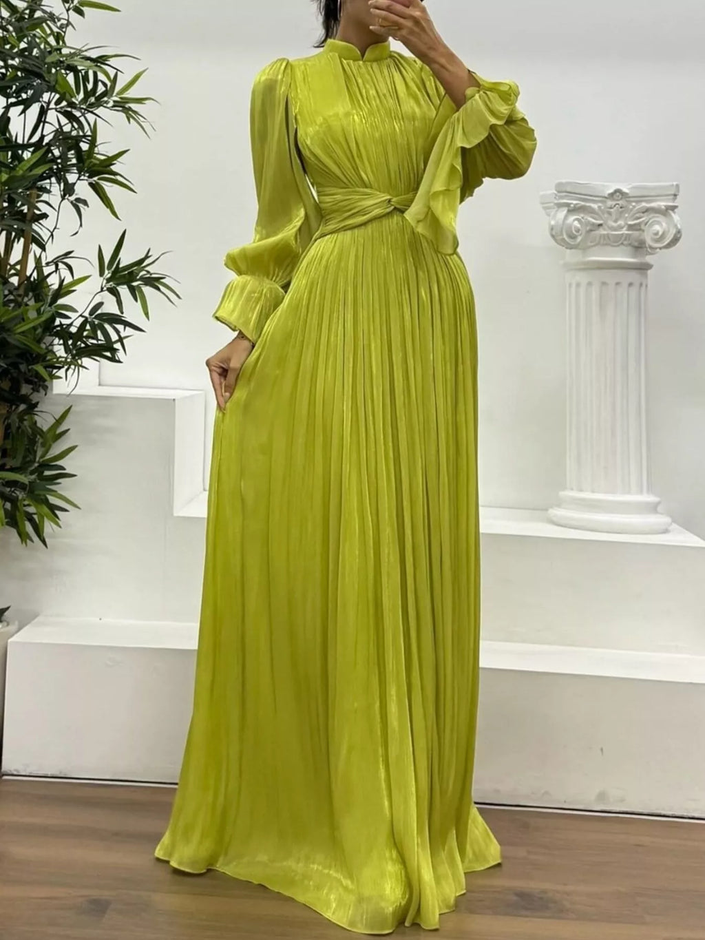Pleated Mock Neck Long Sleeve Maxi Dress - TrendNest