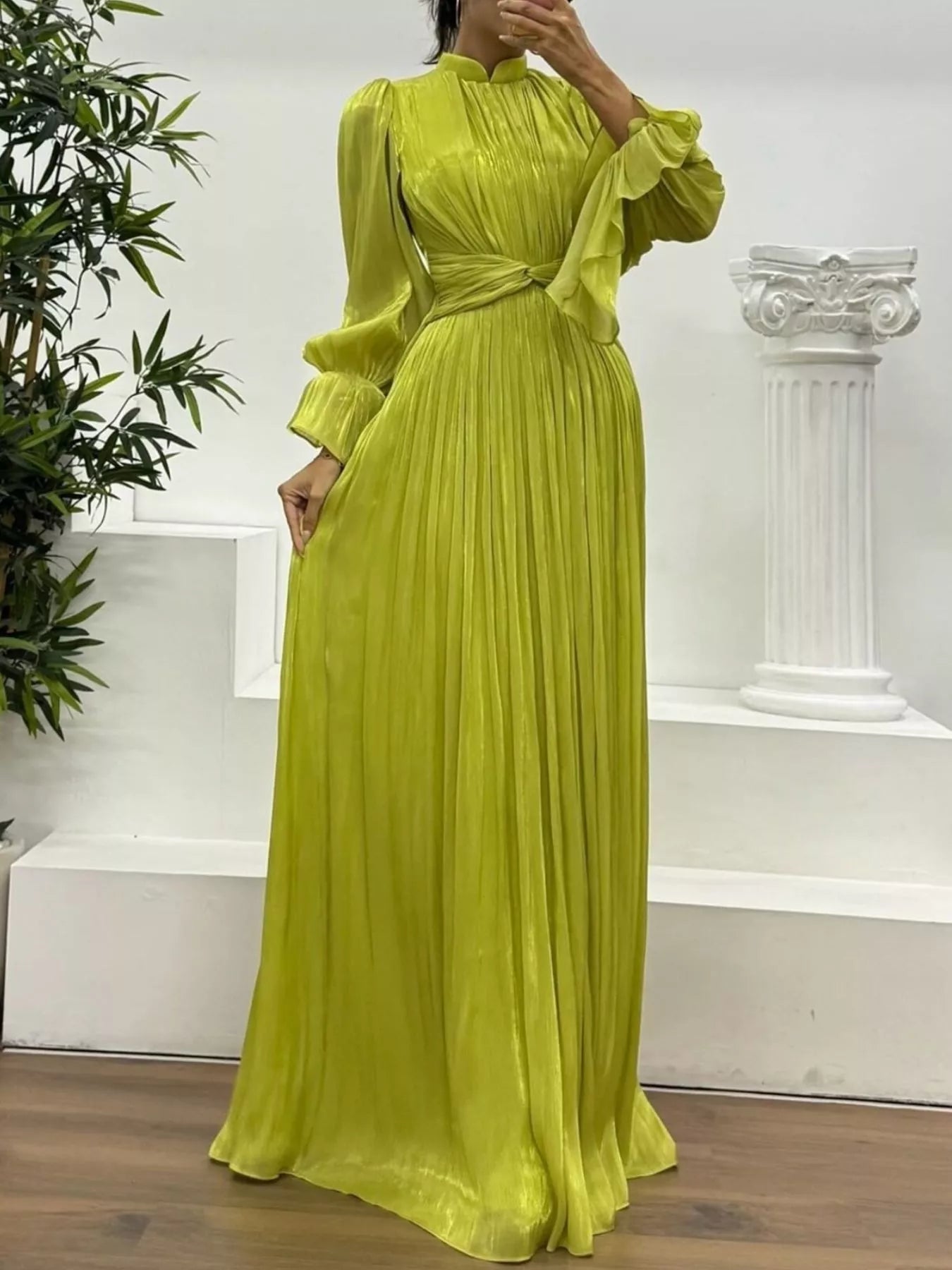 Pleated Mock Neck Long Sleeve Maxi Dress - TrendNest