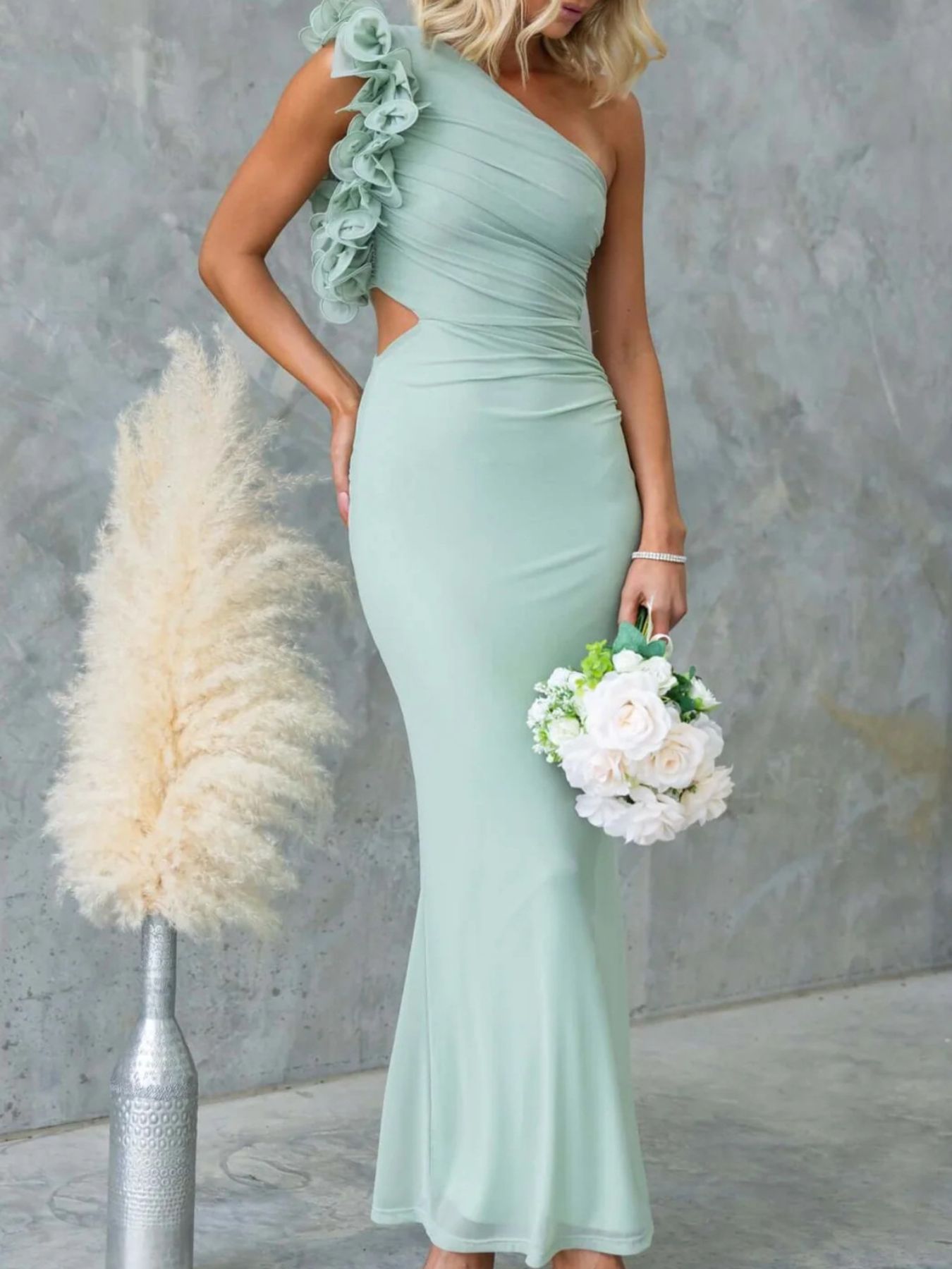 One - Shoulder Floral Trim Sleeveless Maxi Dress - TrendNest