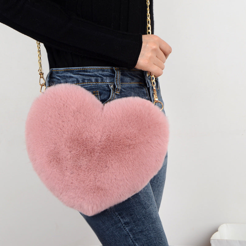 Fashion Plush Heart Messenger Bag with Chain Strap