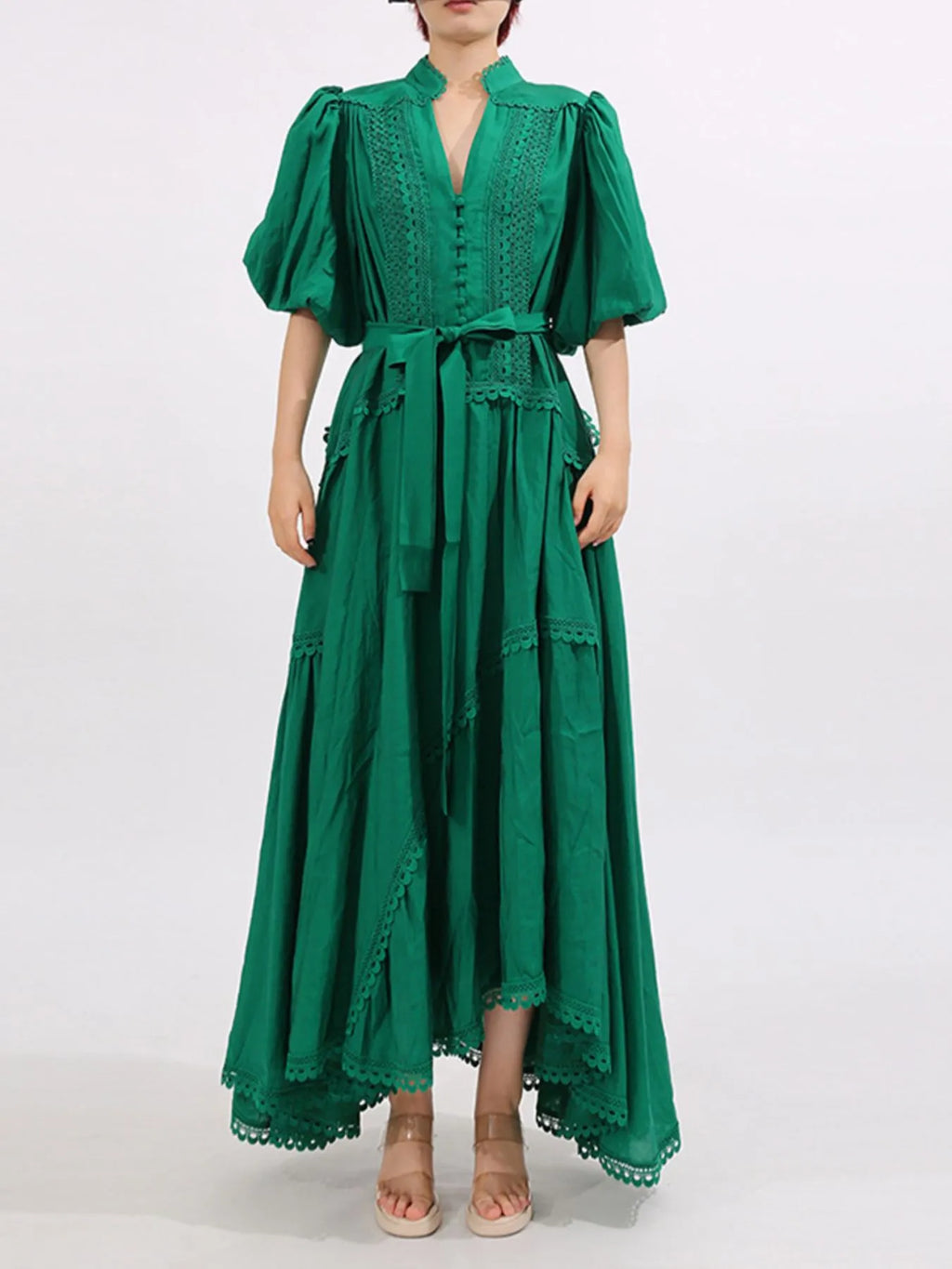Lace Detail Notched Puff Sleeve Maxi Dress - TrendNest