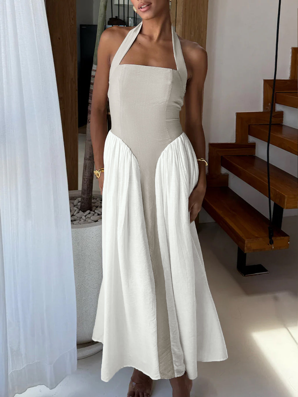 Halter Neck Two - Tone Maxi Dress - TrendNest