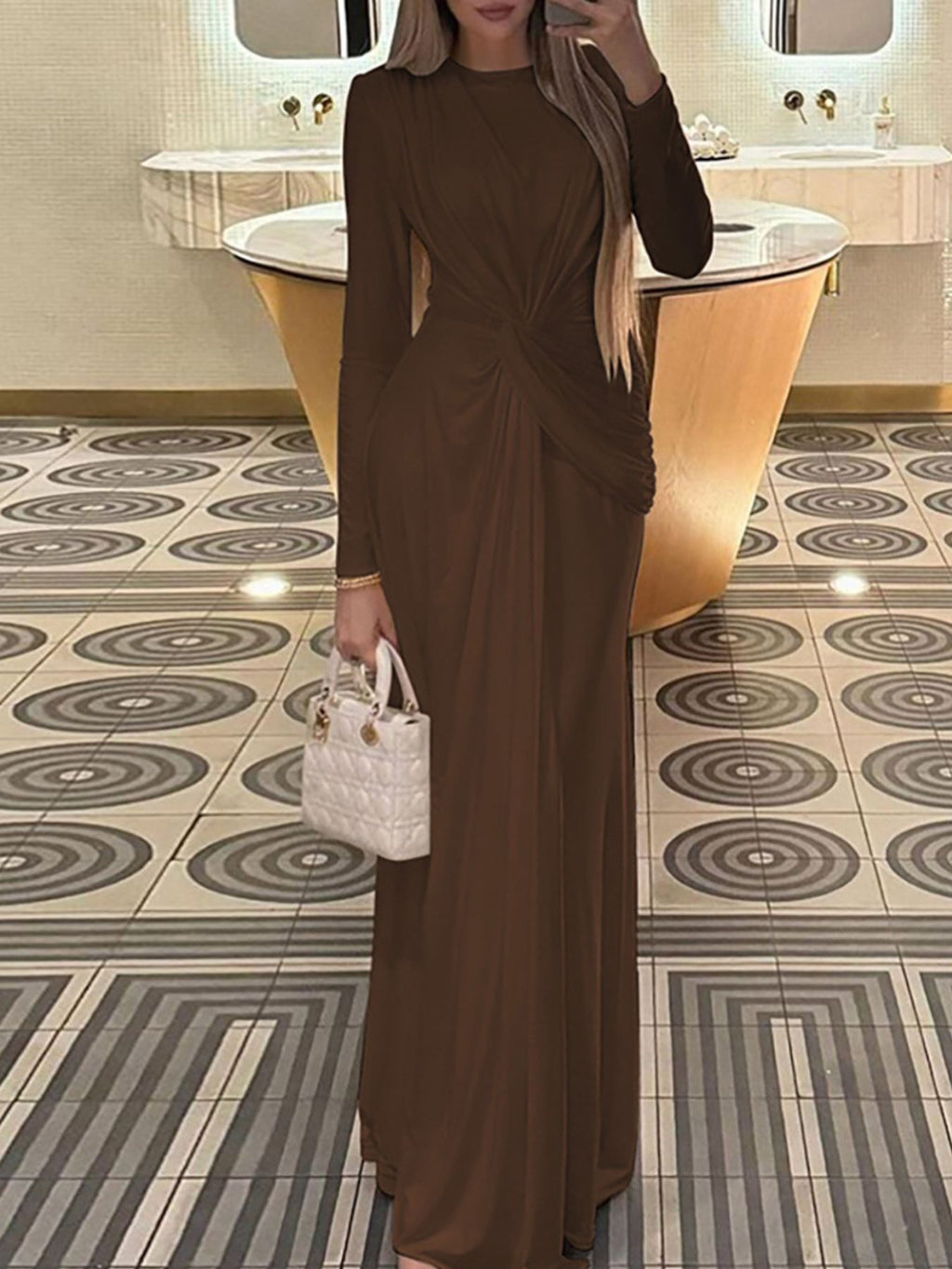 Ruched Knot Front Long Sleeve Maxi Dress - TrendNest