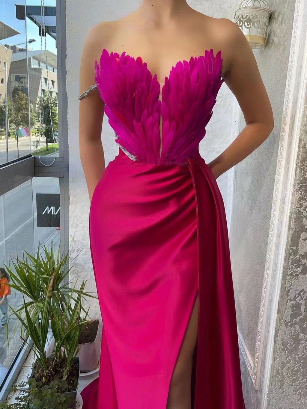 Feather Embellished Slit Maxi Dress - TrendNest