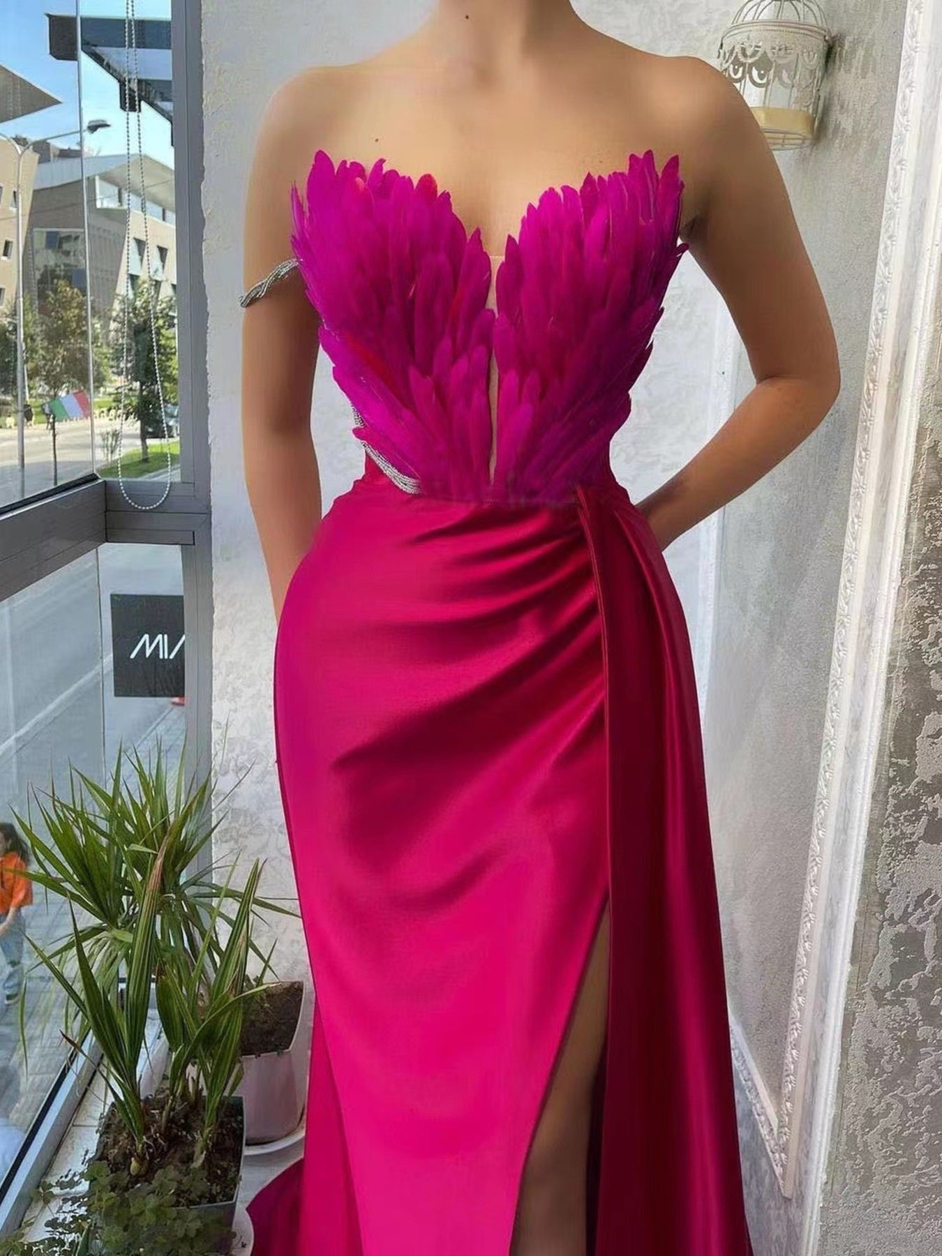 Feather Embellished Slit Maxi Dress - TrendNest