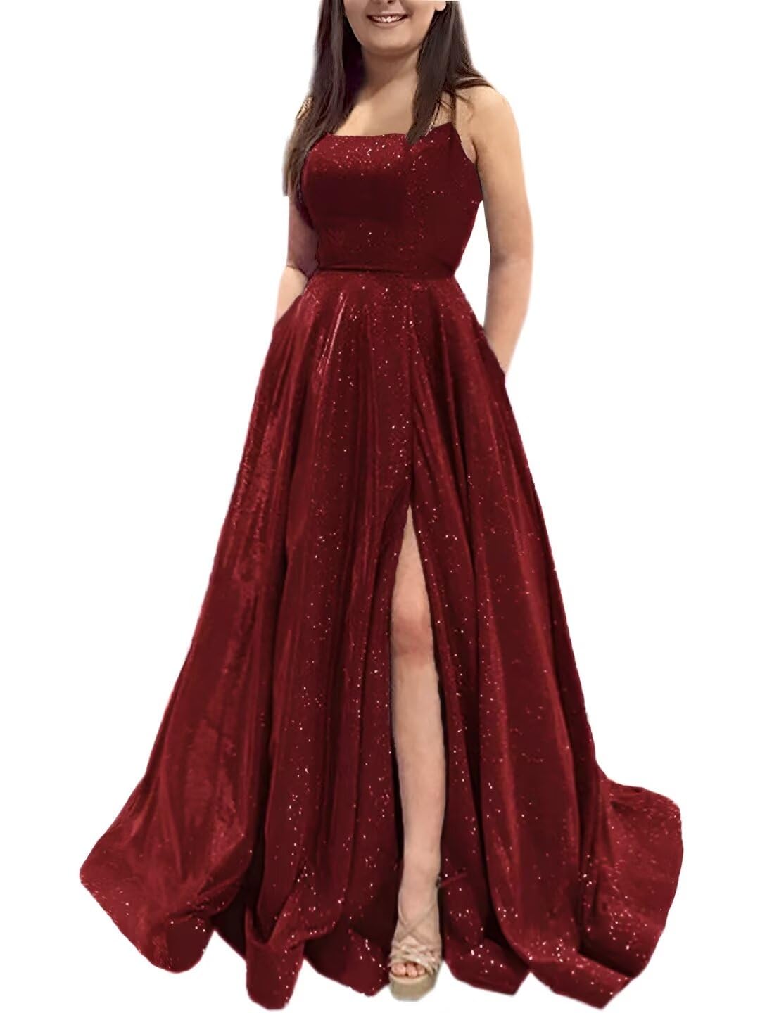 Prom Dresses Long Plus Size A Line with Pockets Formal Evening Ball Gowns Side Slit Glitter Party Dress 2024 Burgundy