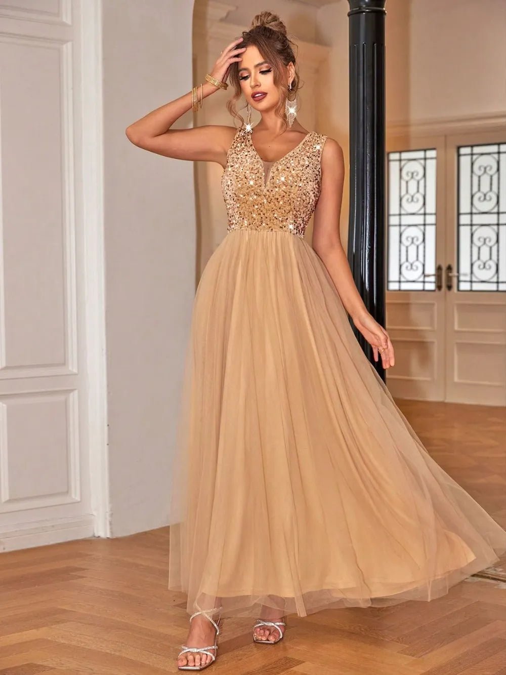 Sequin V - Neck Sleeveless Dress - TrendNest