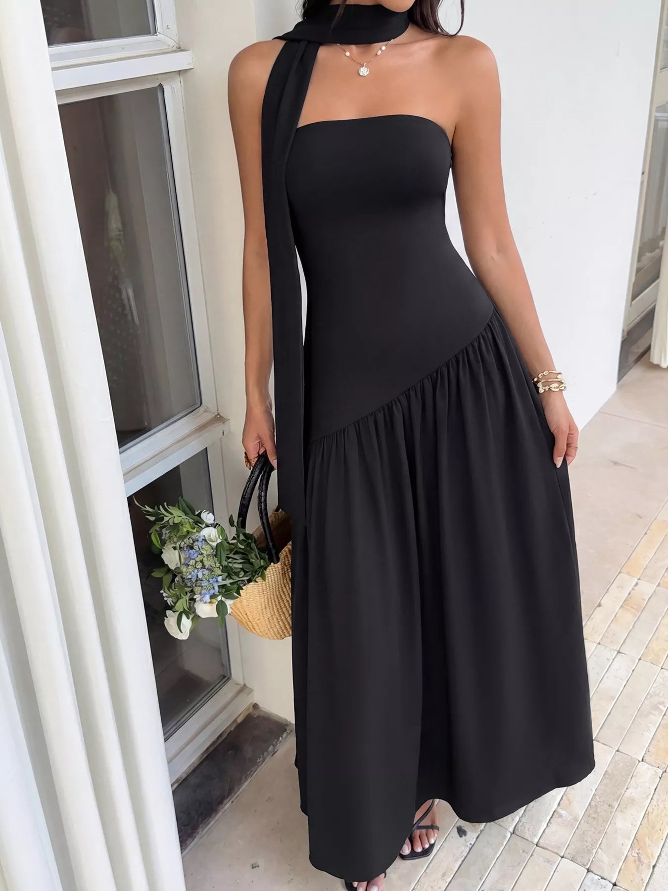 Slit Tube Maxi Dress with Scarf - TrendNest