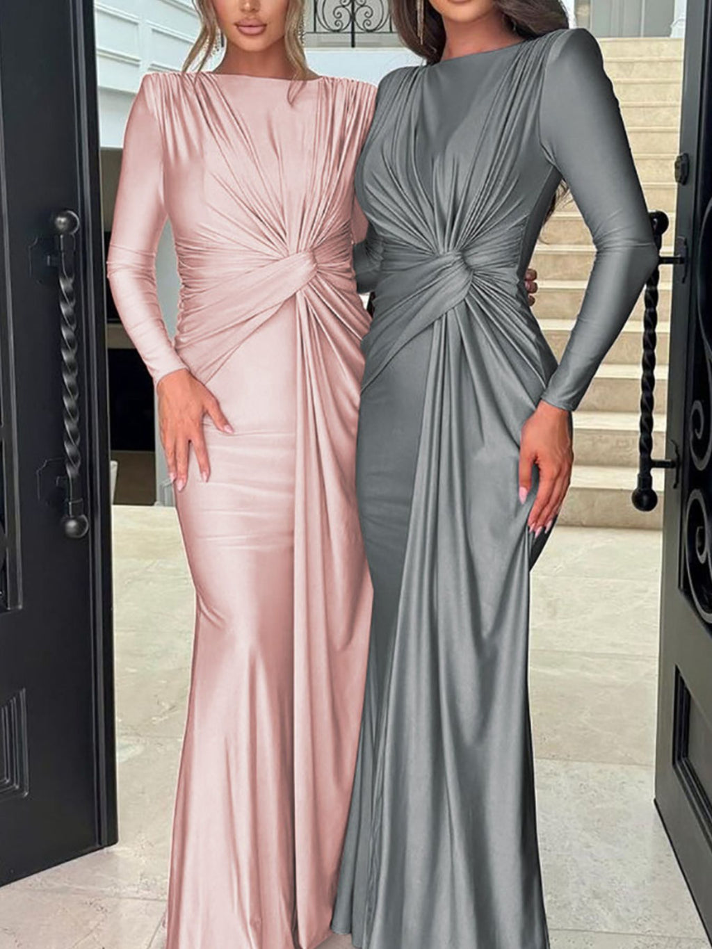Ruched Knot Front Long Sleeve Maxi Dress - TrendNest