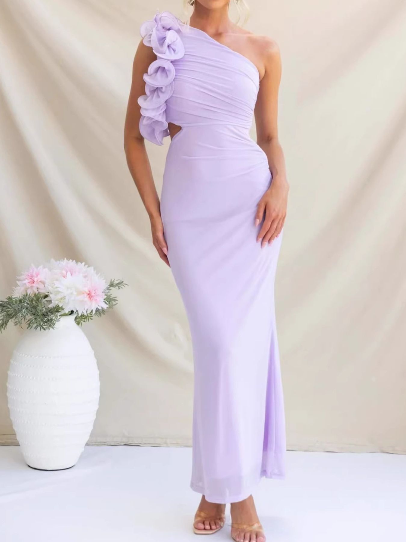 One - Shoulder Floral Trim Sleeveless Maxi Dress - TrendNest