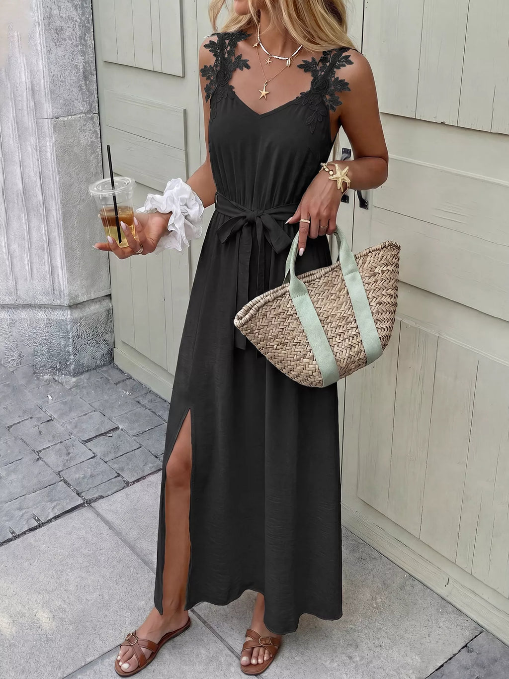 Lace Trim Slit Maxi Dress - TrendNest