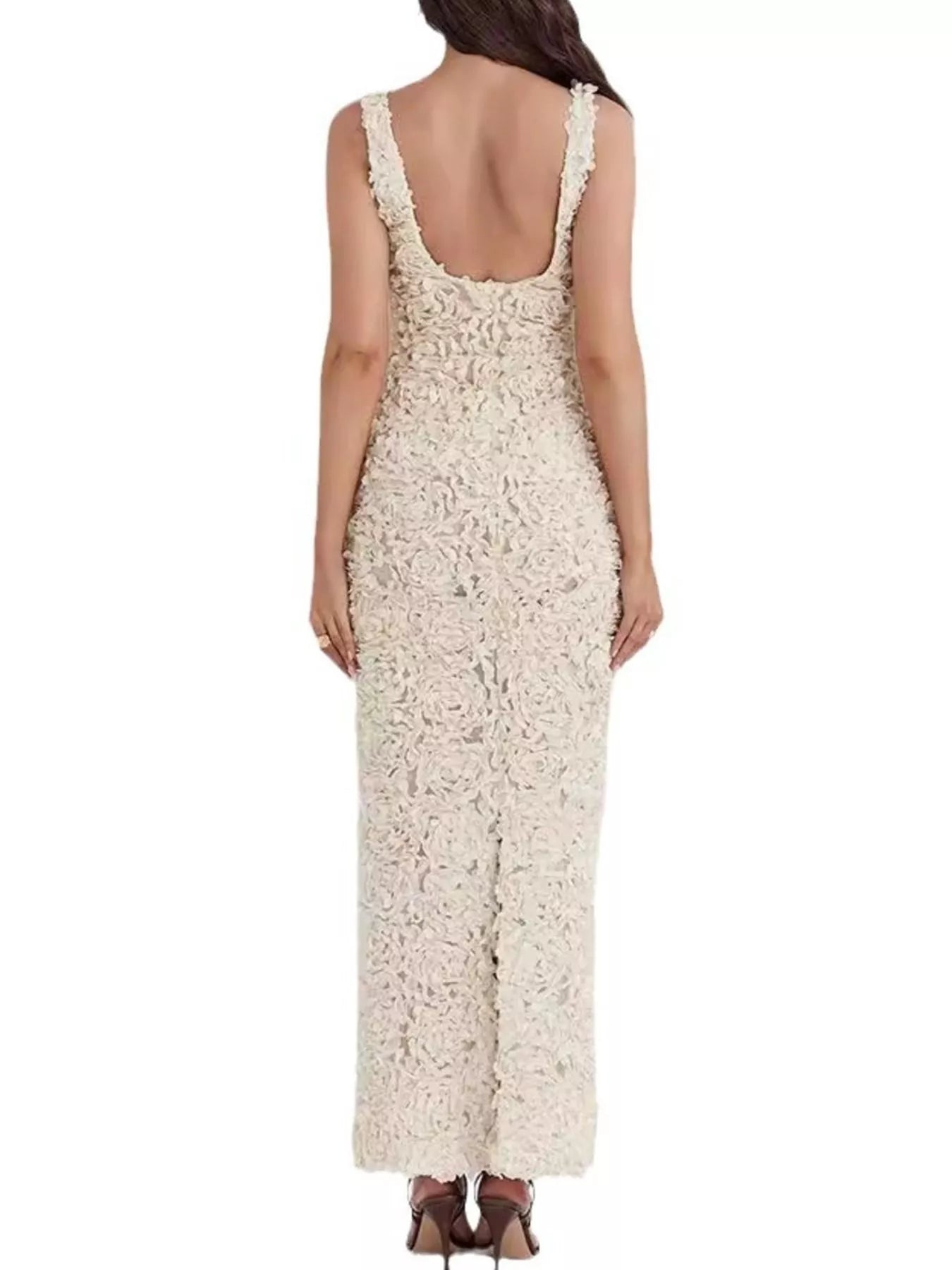 Floral Applique Deep V - Neck Maxi Dress - TrendNest