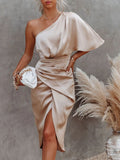 One - Shoulder Satin Wrap Dress with Side Slit - TrendNest