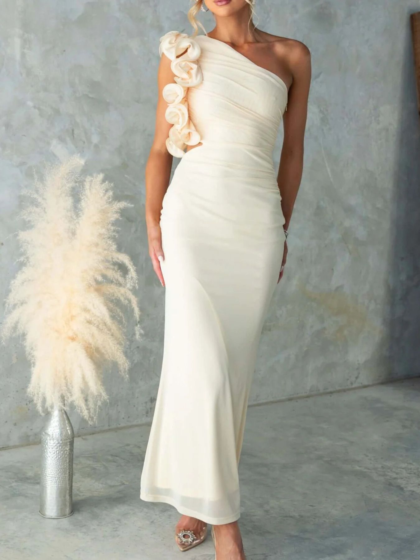 One - Shoulder Floral Trim Sleeveless Maxi Dress - TrendNest