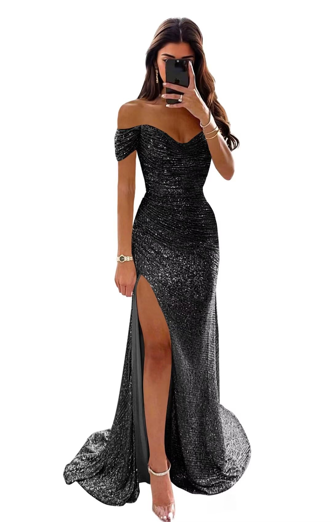 QUANJINR Teens Black Off The Shoulder Sequin Prom Dresses with Slit 2024 Mermaid Long Ball Gown Ruched Sparkly Formal Evening Gown US Size 10