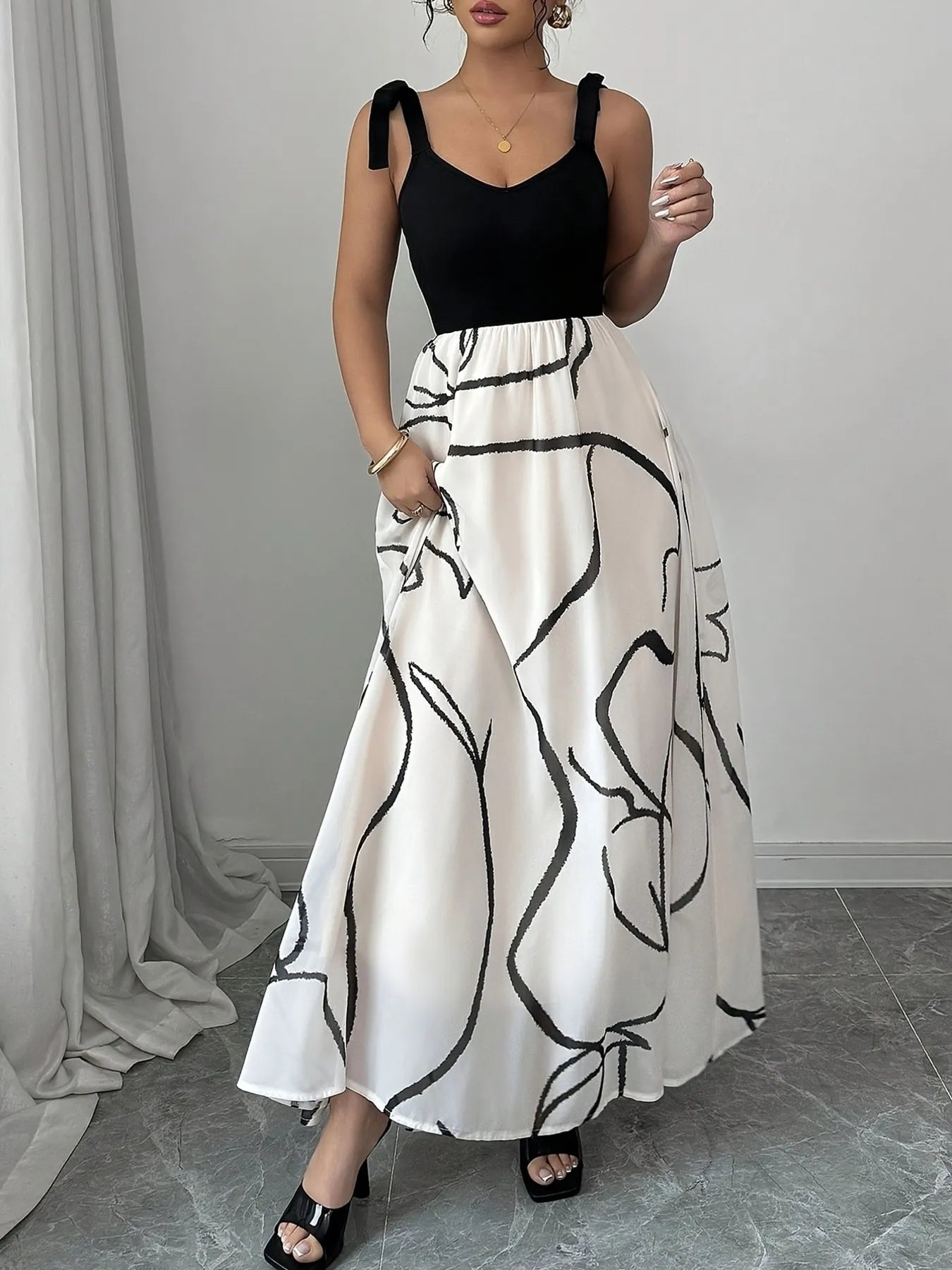 Tie Shoulder V - Neck Maxi Dress - TrendNest