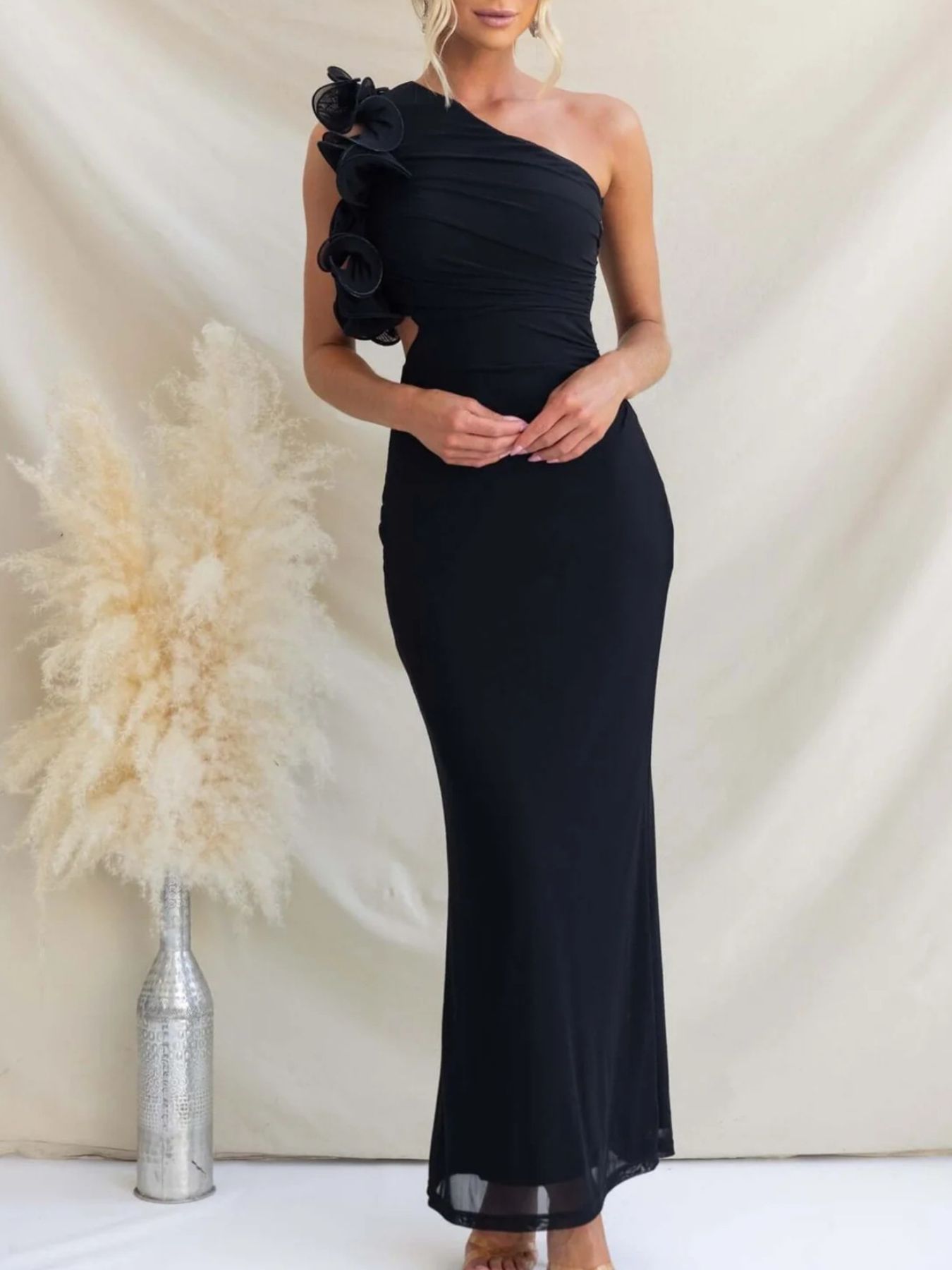 One - Shoulder Floral Trim Sleeveless Maxi Dress - TrendNest