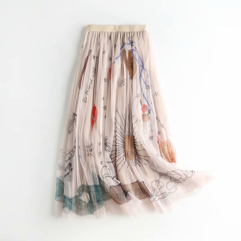 High-Waisted A-Line Floral Tulle Midi Skirt for Women