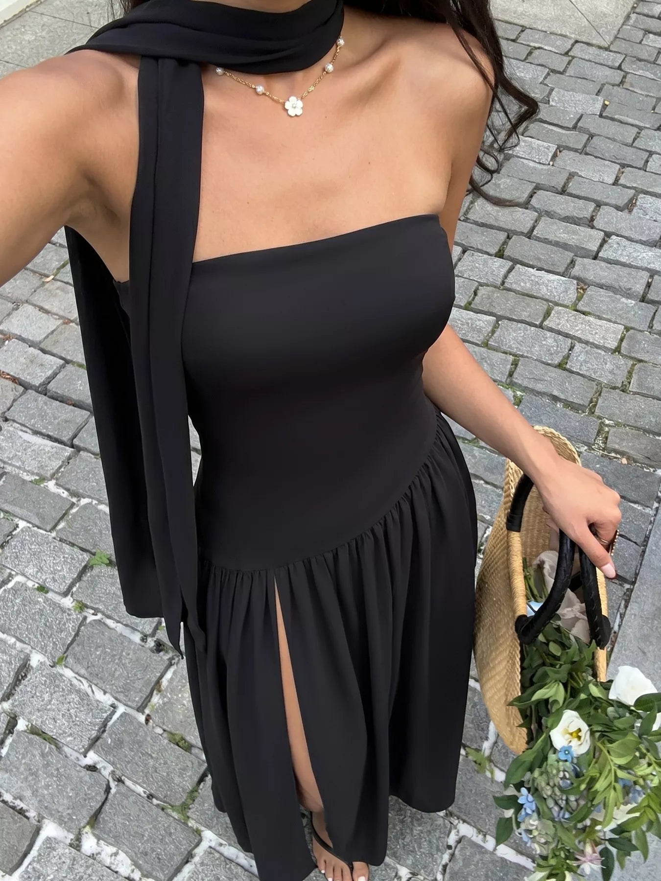 Slit Tube Maxi Dress with Scarf - TrendNest