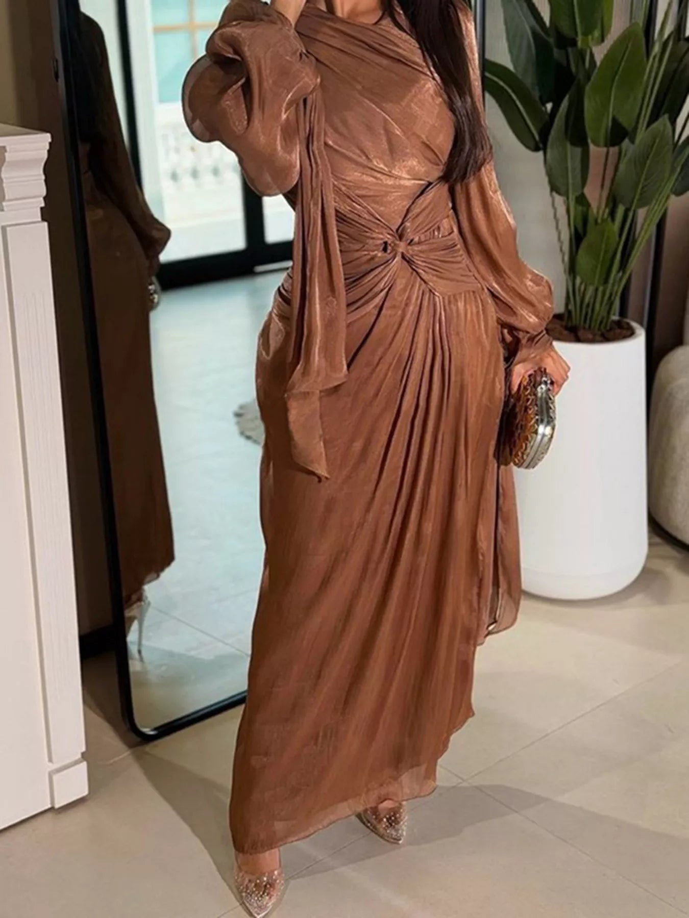 Front Twisted Draped Long Sleeve Maxi Dress - TrendNest