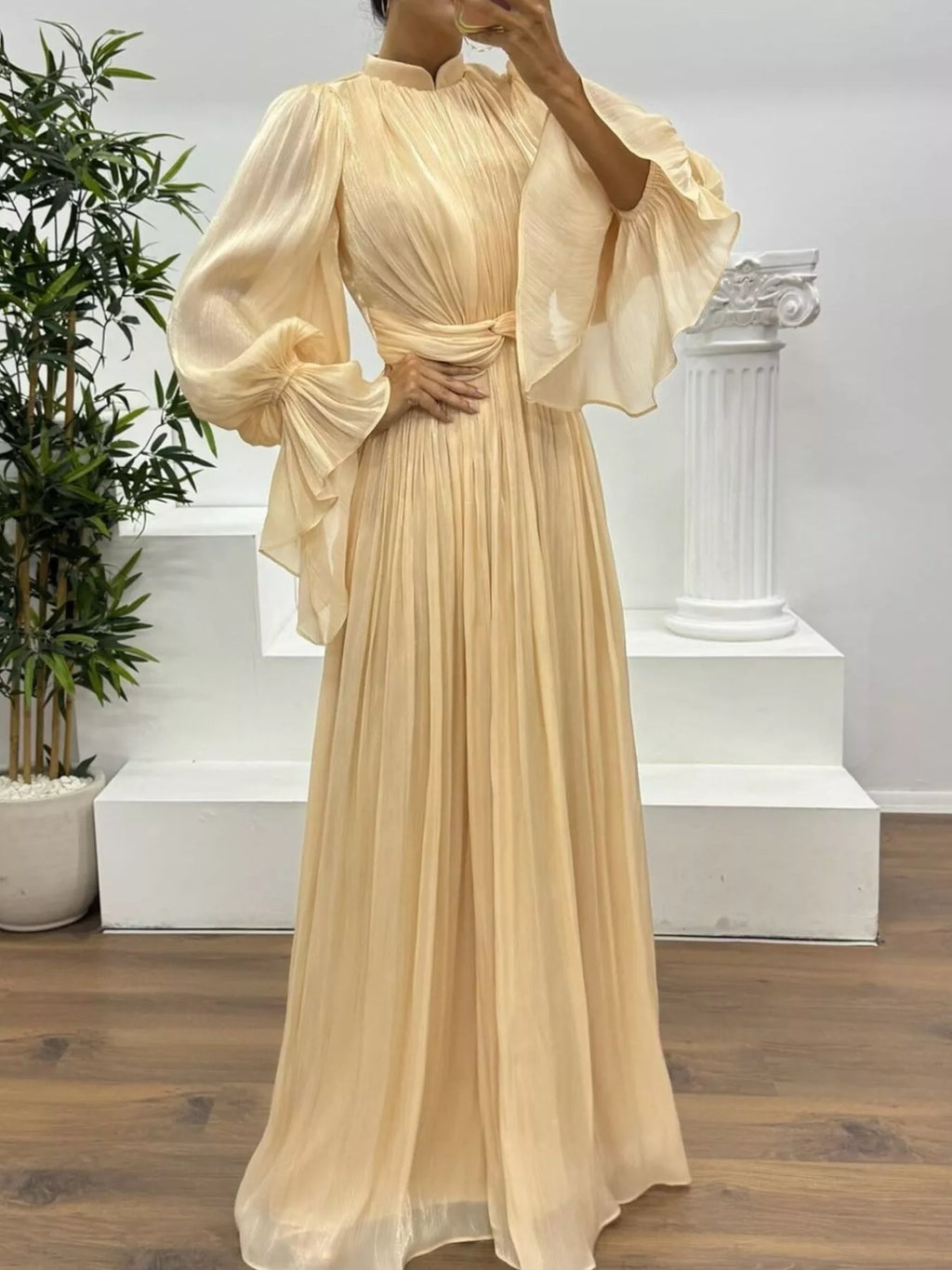 Pleated Mock Neck Long Sleeve Maxi Dress - TrendNest
