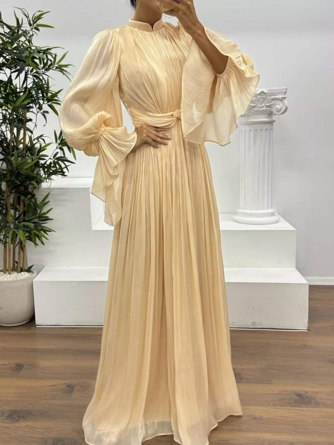 Pleated Mock Neck Long Sleeve Maxi Dress - TrendNest