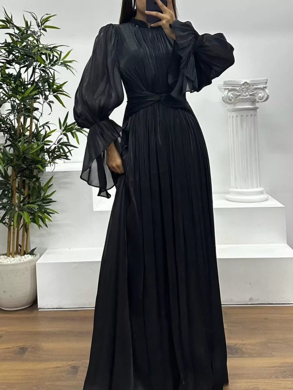 Pleated Mock Neck Long Sleeve Maxi Dress - TrendNest