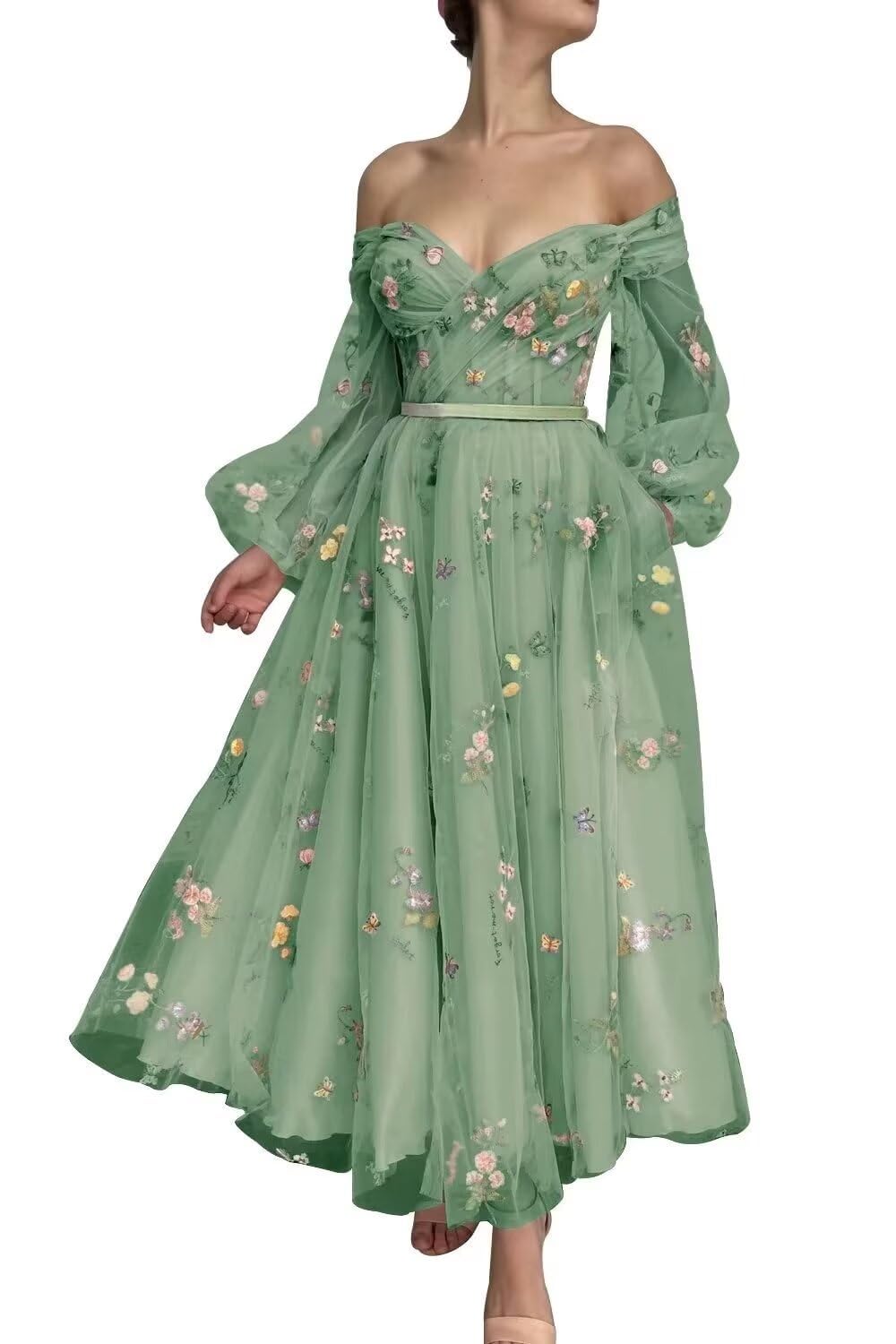 SUOLUOS Puffy Sleeve Prom Dresses Tea Length Green Floral Lace Womens Off Shoulder Sweetheart Lace Tulle Formal Evening Party Gowns Size10-1