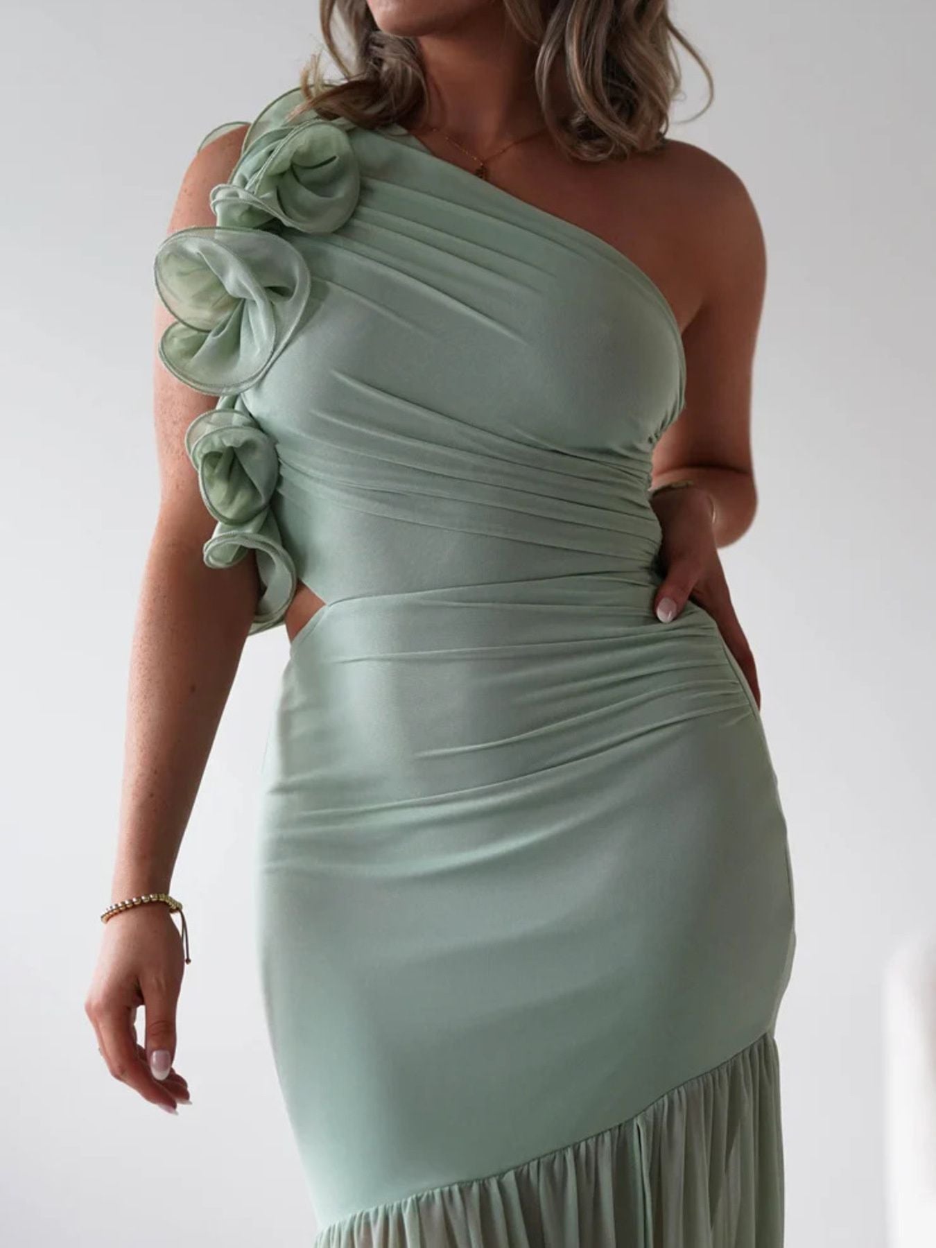 One - Shoulder Ruffle Trim Maxi Dress - TrendNest