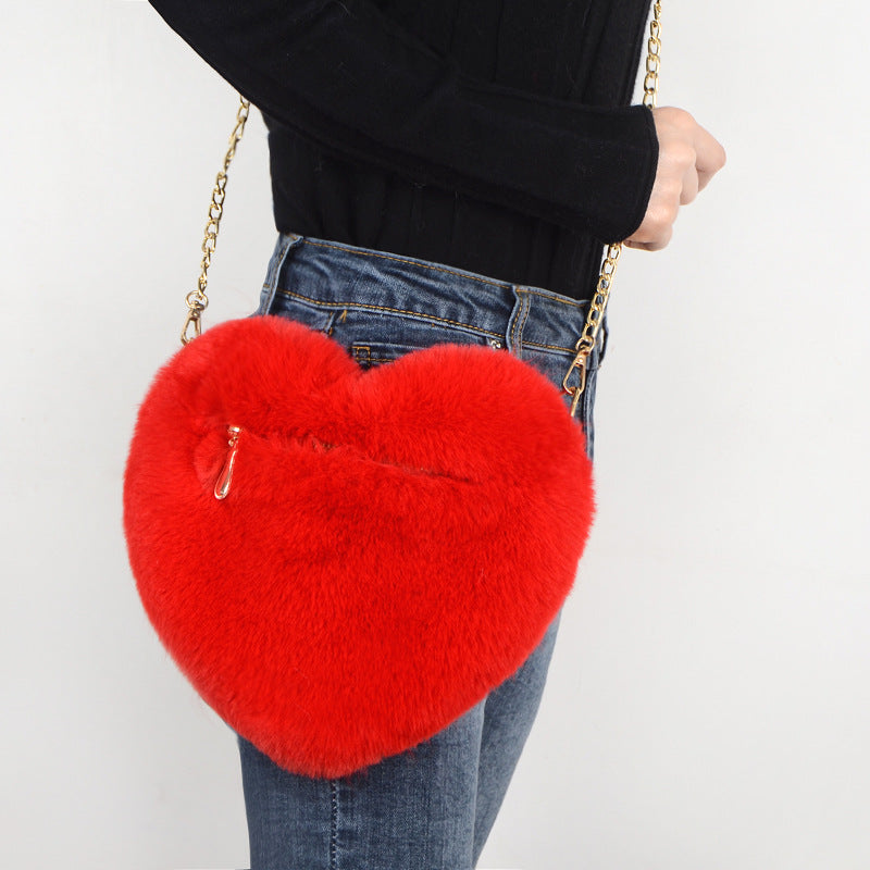 Fashion Plush Heart Messenger Bag with Chain Strap