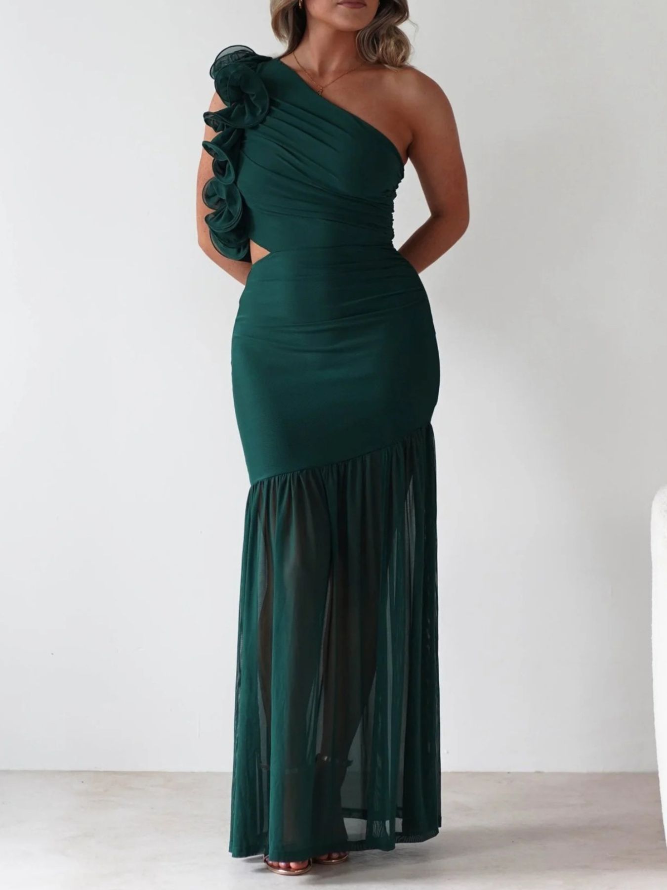 One - Shoulder Ruffle Trim Maxi Dress - TrendNest