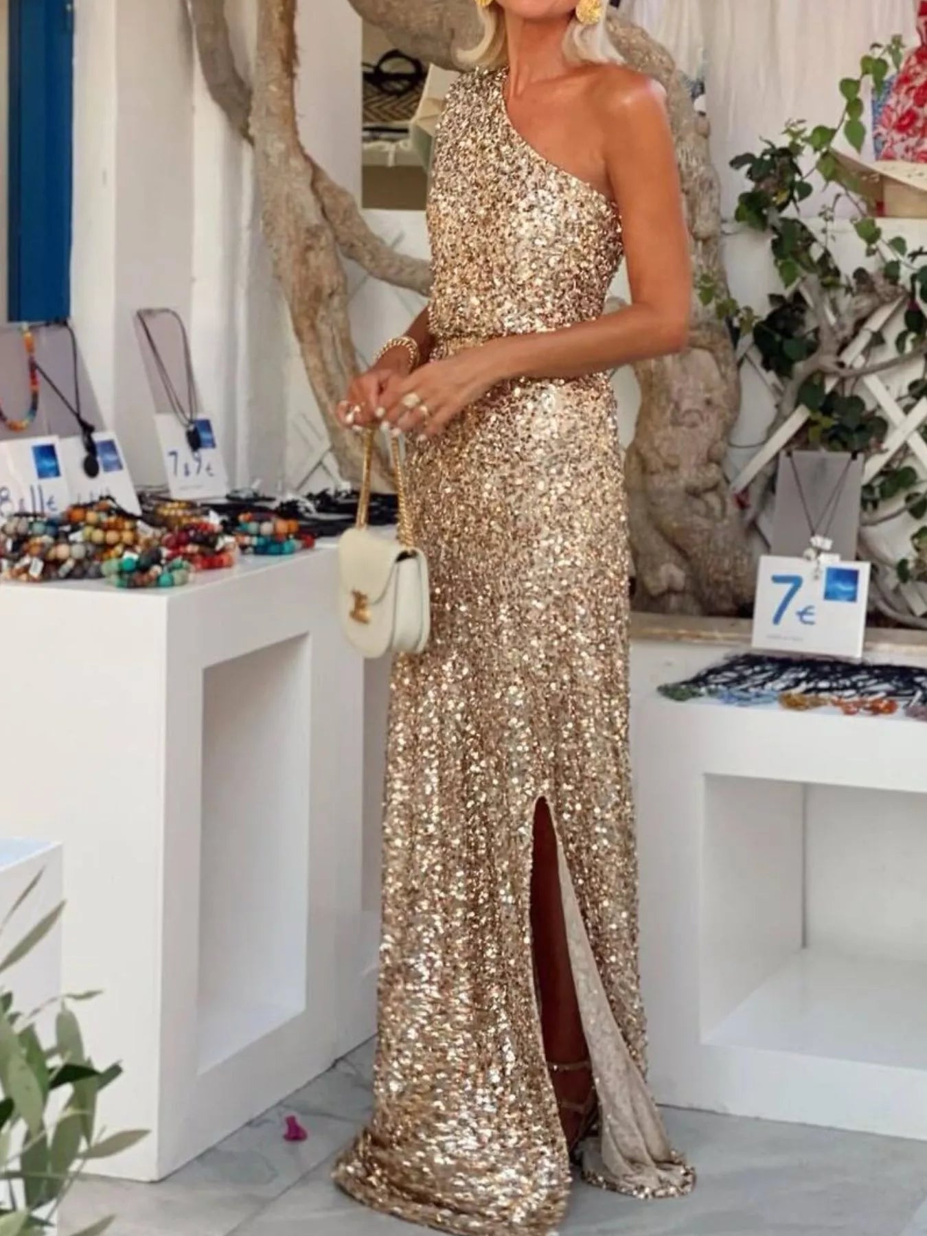 Sequin One - Shoulder Slit Maxi Dress - TrendNest