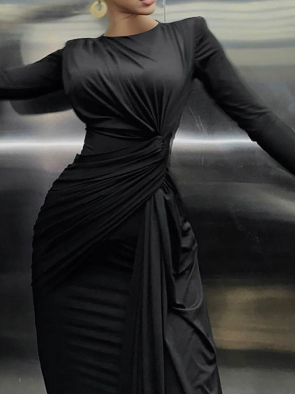 Ruched Knot Front Long Sleeve Maxi Dress - TrendNest