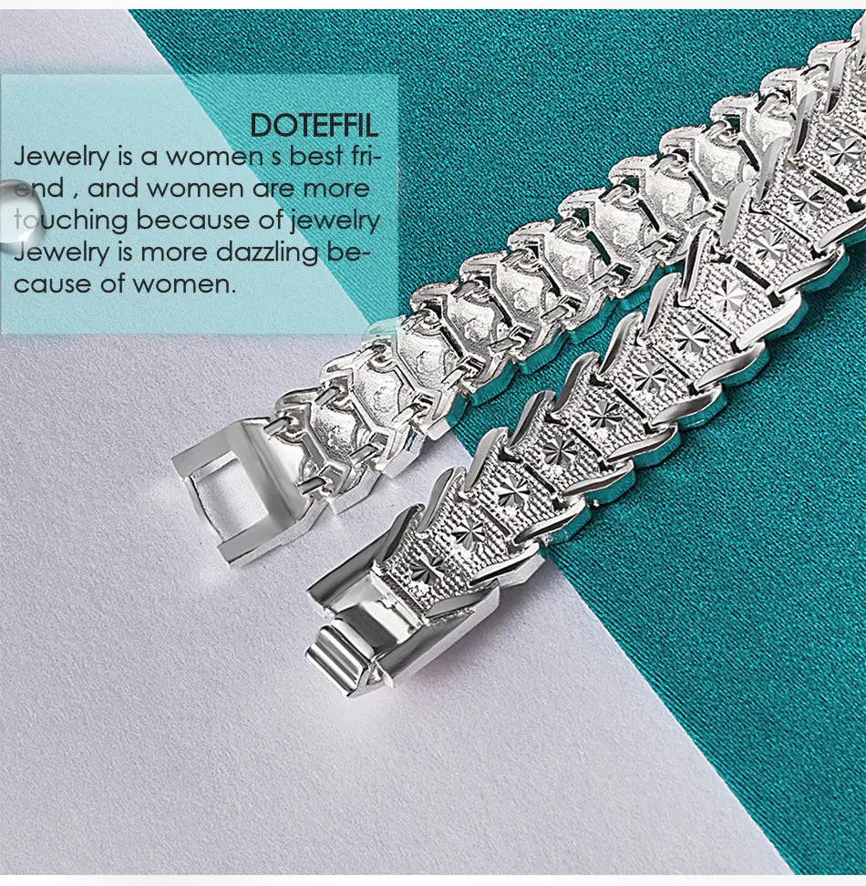 DOTEFFIL 925 Sterling Silver Wide Wristband Bracelet Chain For Women Man Wedding Engagement Party Fashion Jewelry