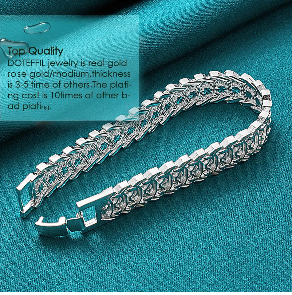 DOTEFFIL 925 Sterling Silver Wide Wristband Bracelet Chain For Women Man Wedding Engagement Party Fashion Jewelry