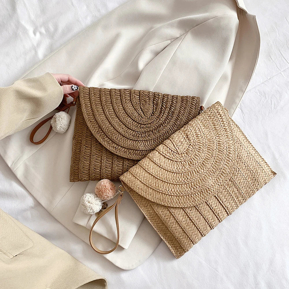 Handmade Ladies Straw Woven Bags Women Summer Holiday Beach Casual Clutch Purse Elegant Shoulder Handbag Raffia Envelope Wallets