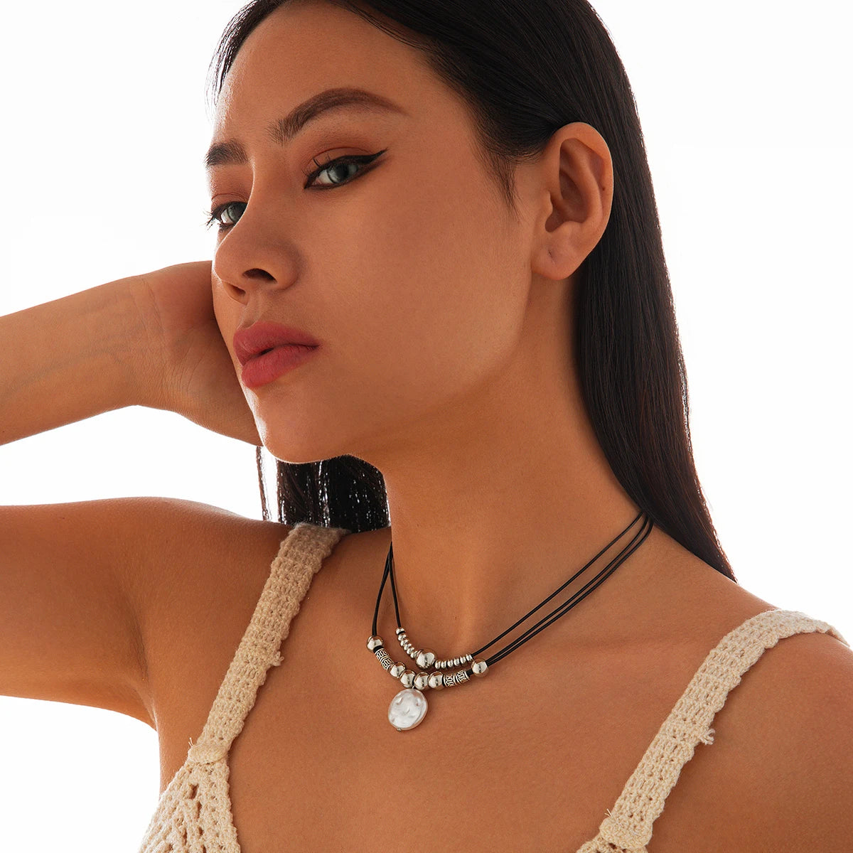 KunJoe Vintage Multilayer Leather Rope Chain Plastic Beads Choker Short Necklace Women Simple Imitation Pearl Pendant Necklace