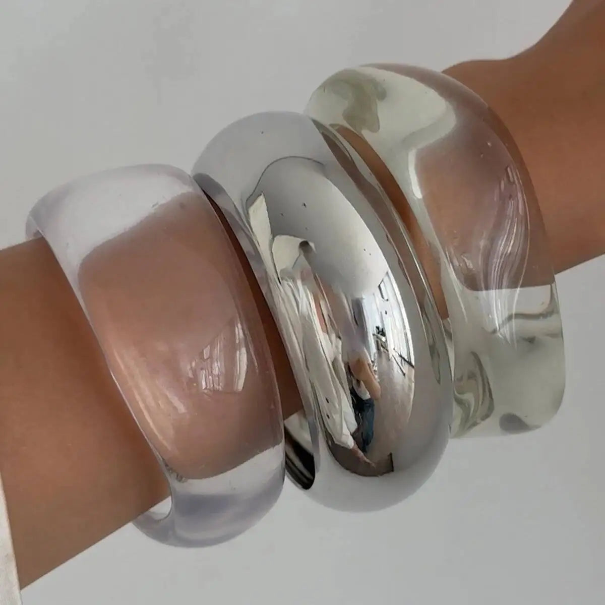 Salircon 3 Styles Punk Geometric Clear Acrylic Resin Wide Bangles for Women Trendy Silver Color Metal Bracelets Couple Jewelry